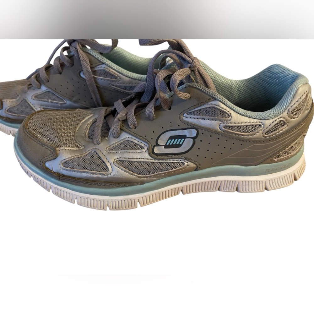 Skechers Flex Sole Memory Foam Grey Green Running Shoes Athletic 8.5 Sneakers
